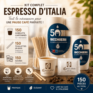 Kit complet Espresso d'Italia 150 pièces : 150 gobelets cartonnés 12cl, 150 touillettes en bois et 150 sucres - solution pause-café professionnelle écoresponsable